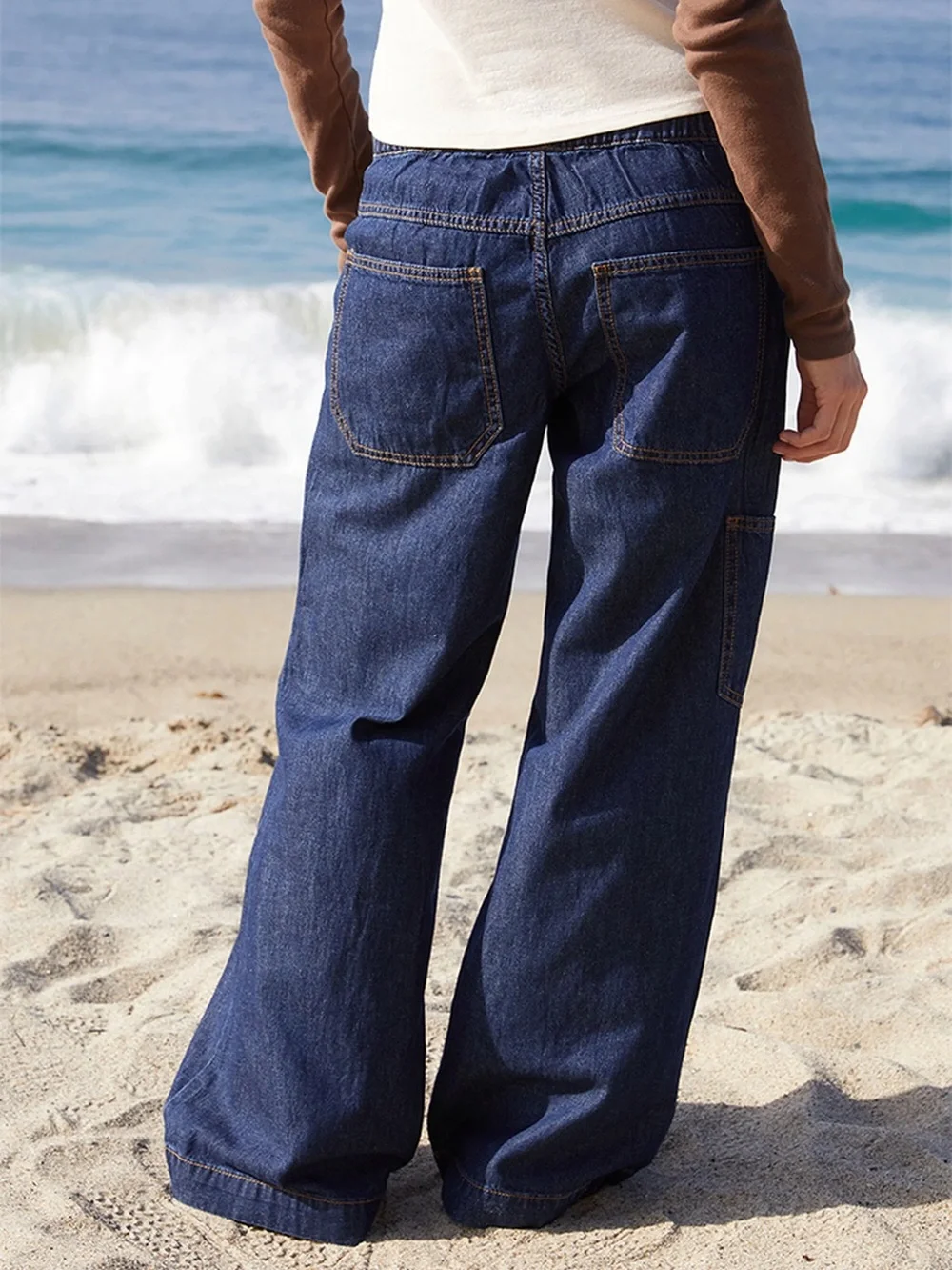 John Galt Dark Blue Gracie Drawstring Low Rise Baggy Jeans Relaxed Fit Wide Leg